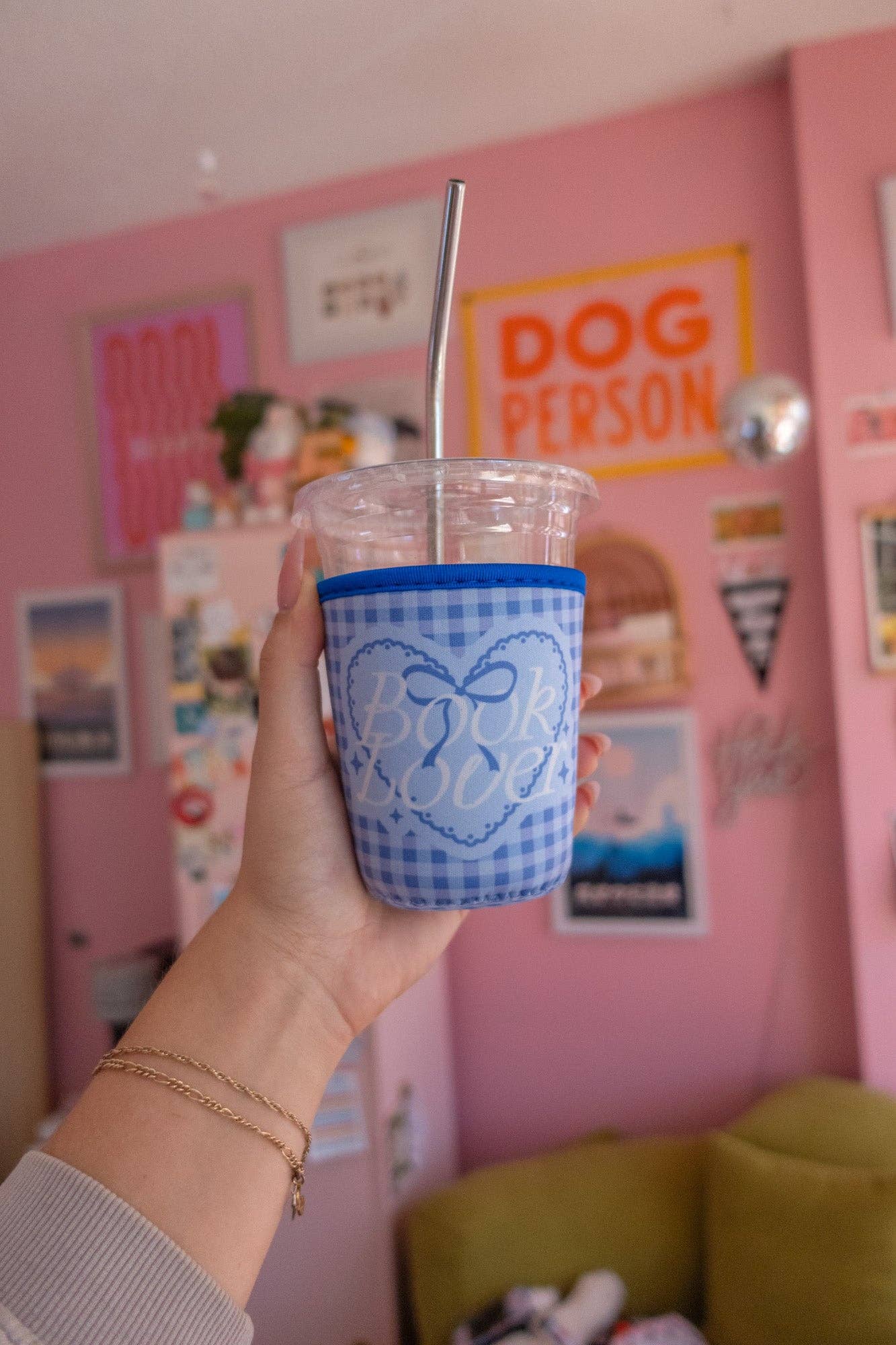 Jollie Ollie Designs - Wholesale Drink Huggers & Koozies - Book Lover [blue gingham] Coffee Sleeve1