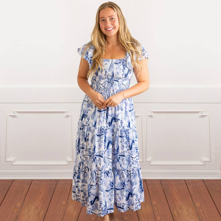 8 Oak Lane - Venta al por mayor Vestido - Mujer - Vestido azul con mangas onduladas con estampado de palmeras de leopardo