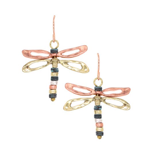 0011 PREMIERE - Wholesale Dangle Earrings - FR2502 3D Copper Brass Patina Brass Dragonfly Earrings