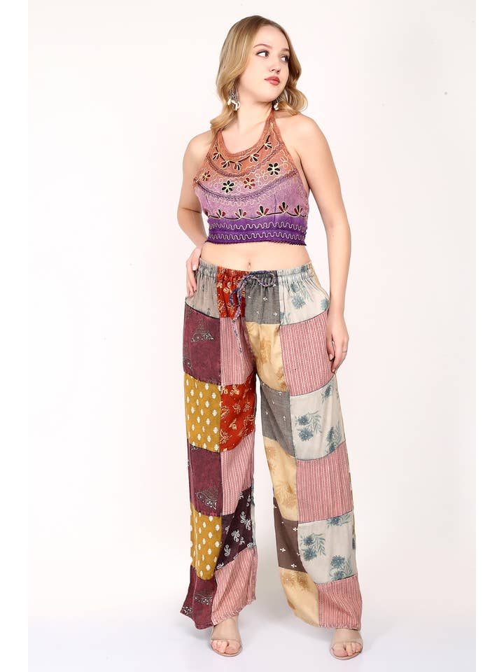 Wevez - Wholesale Pants - Women's - Women Patchwork Wide Leg Acidwash Elastic Waist Pant Mix Lot