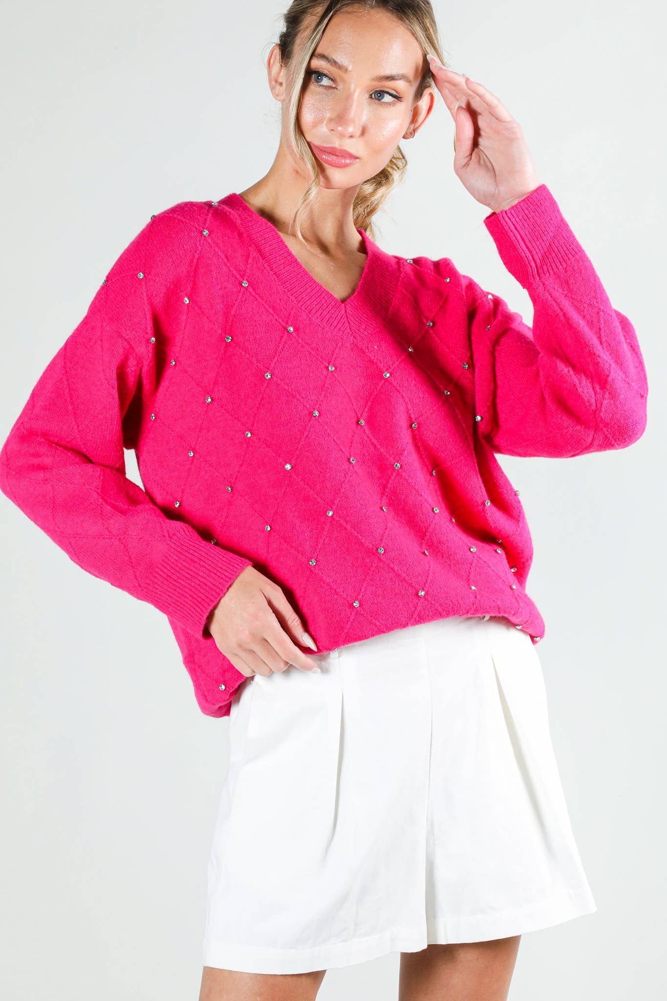 Vine & Love - Vendita all'ingrosso Maglione tricot - Donna - Maglione a maglia con scollo a V e accenti di strass a rombi VT81546-10