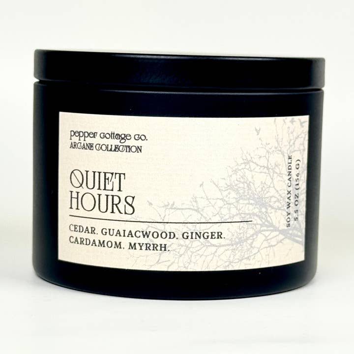 Quiet Hours 5.5 oz Candle Tin | Cedar, Guaiacwood, Ginger, Cardamom, Myrrh | Smoky Woods Dark Academia Soy Candle for wholesale by Pepper Cottage Co. Candles