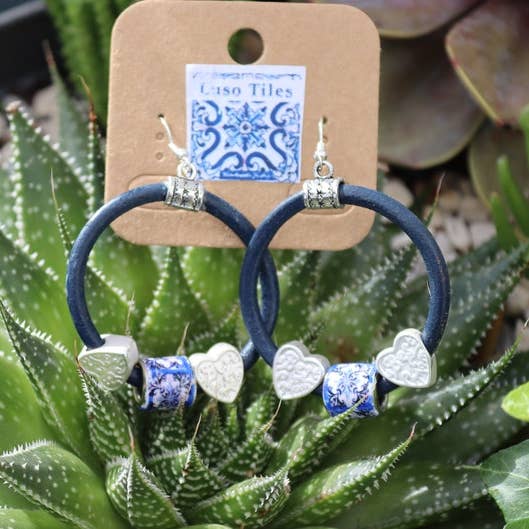 Cork Hoop Earrings, Blue Vegan Cork, Portugal Tile Hoop, Lig for wholesale by LUSO TILES JEWELRY