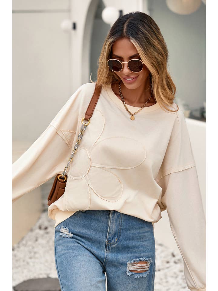 Little Daisy Closet - Wholesale Blouse - Women's - LDC Raw Edge Flower Patch Drop Shoulder Long Sleeve Top9