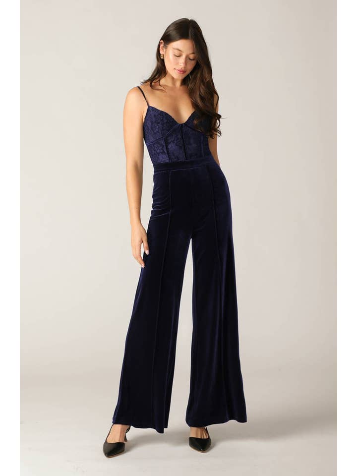 NAVY A woven lace and velvet jumpsuit - IP8665 for wholesale on Faire