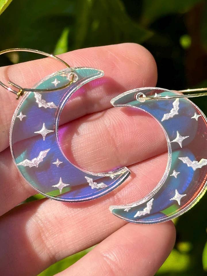 Iridescent Bat Moon Acrylic Hoops for wholesale by ShlemonArt
