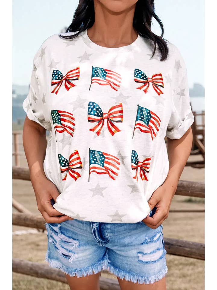 As shown Fashion-W Patriotic Flag Bow Graphic Starry T Shirt for wholesale on Faire