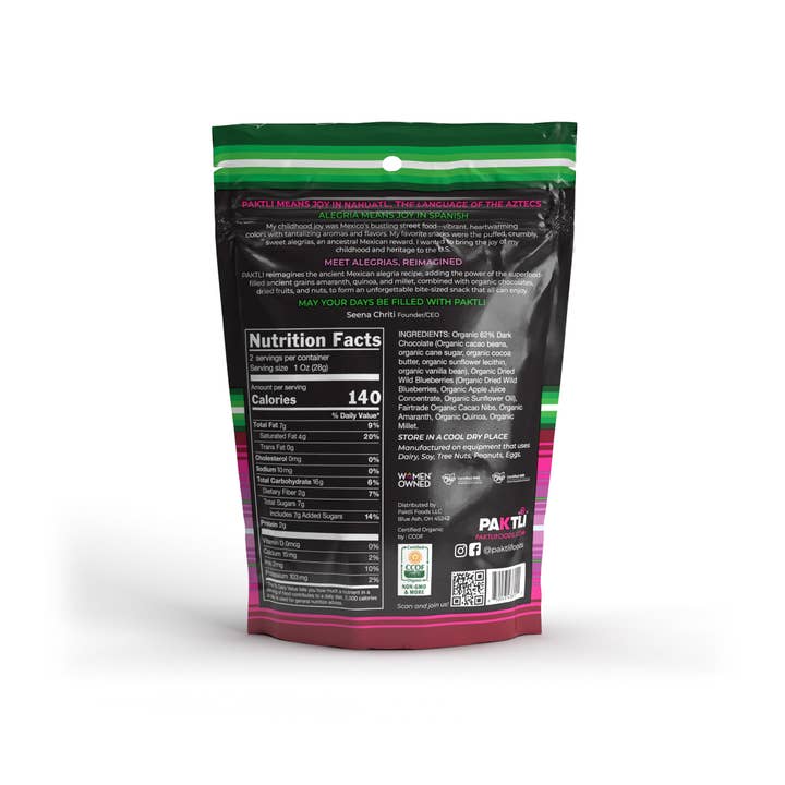 Paktli Foods - Wholesale Chocolate Covered Sweets - NEW Dark Chocolate Alegria Bites+Blueberries/Cacao Nibs7