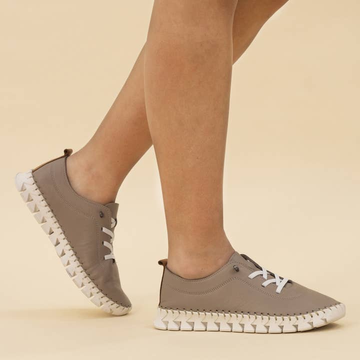 Plimsoll en cuir taupe St Austell pour la vente par Lunar Shoes