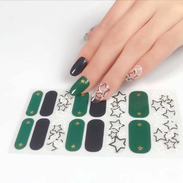 ClebleNails – Großhandel Nailart/Nagelsticker – Schwarze grüne Sterne Nagelwickel/Transparente durchscheinende Überlagerungs-Nagellackstreifen/Gold Star Nagelaufkleber/ Moderne Kpop Dark Punk Nagelfolie