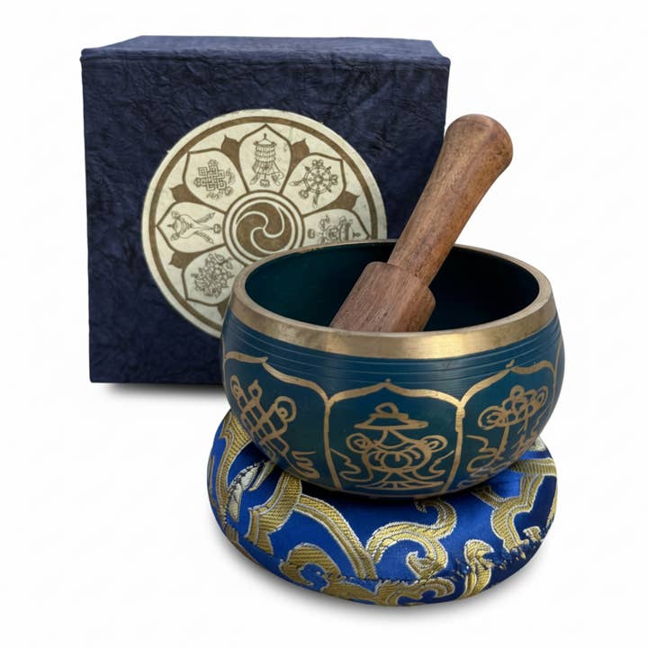 Lungta Imports - Wholesale Meditation Supplies - Tibetan Complete Singing Bowl Gift Box Set 8 Lucky Symbols