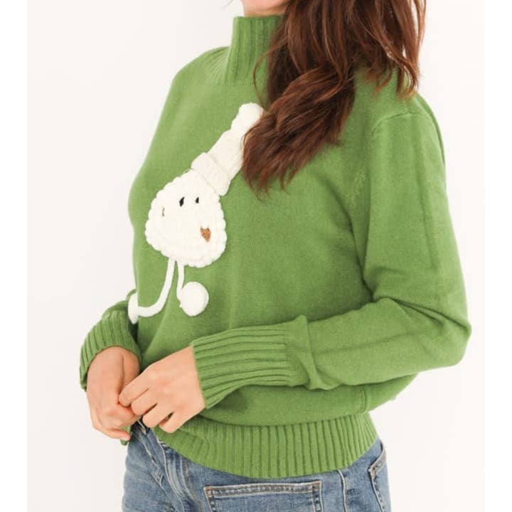 MC550 Pistachio Green Soft Sweater with Knitted Character for wholesale by LOOWIE