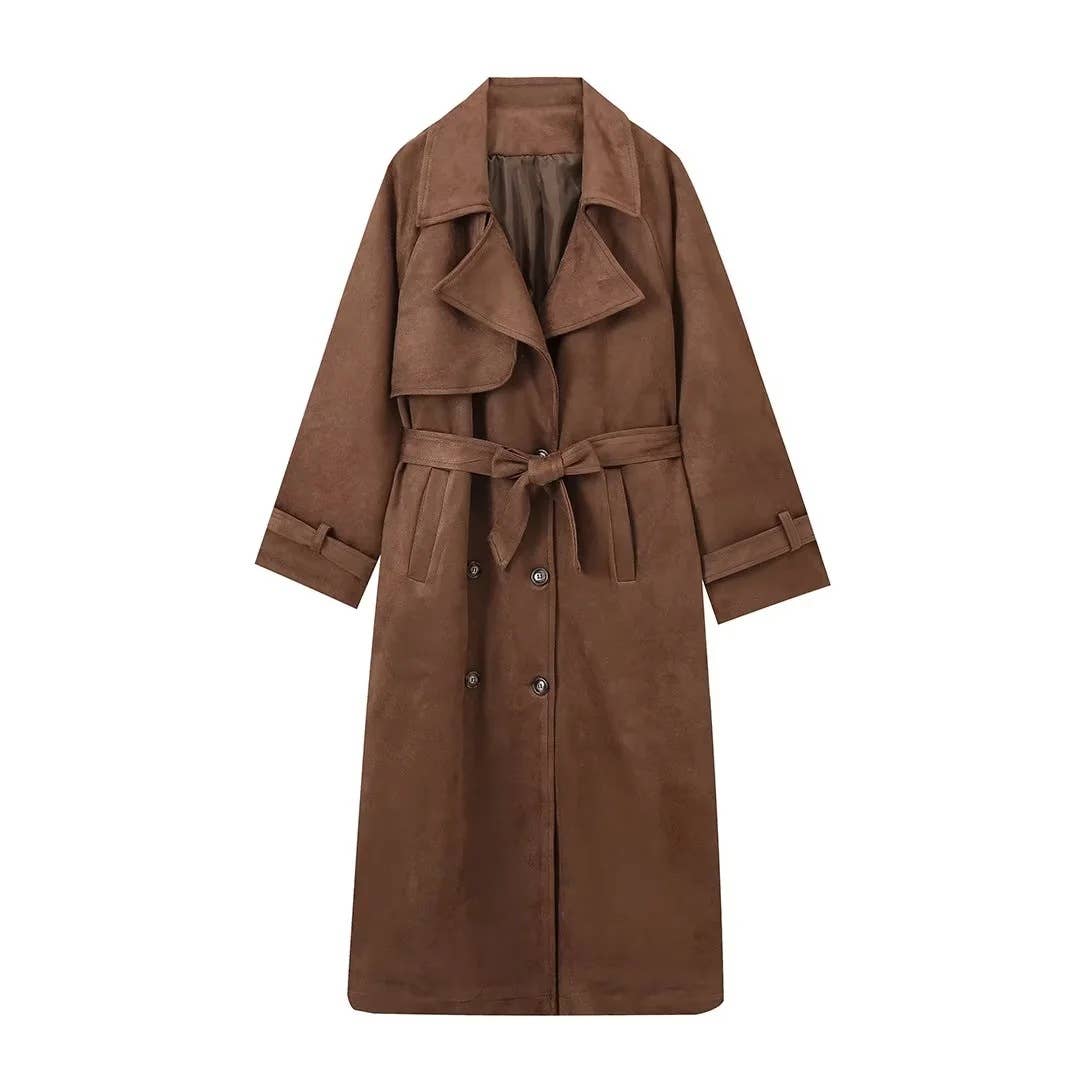 Coffee Double breasted lapel overcoat long trench coat for wholesale on Faire0