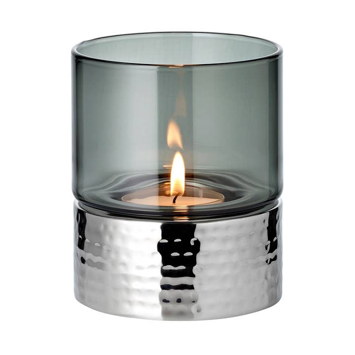 EDZARD – Großhandel Windlicht – Kerzenleuchter Cosmo (Höhe 13 cm), dunkles Glas, gehämmert0