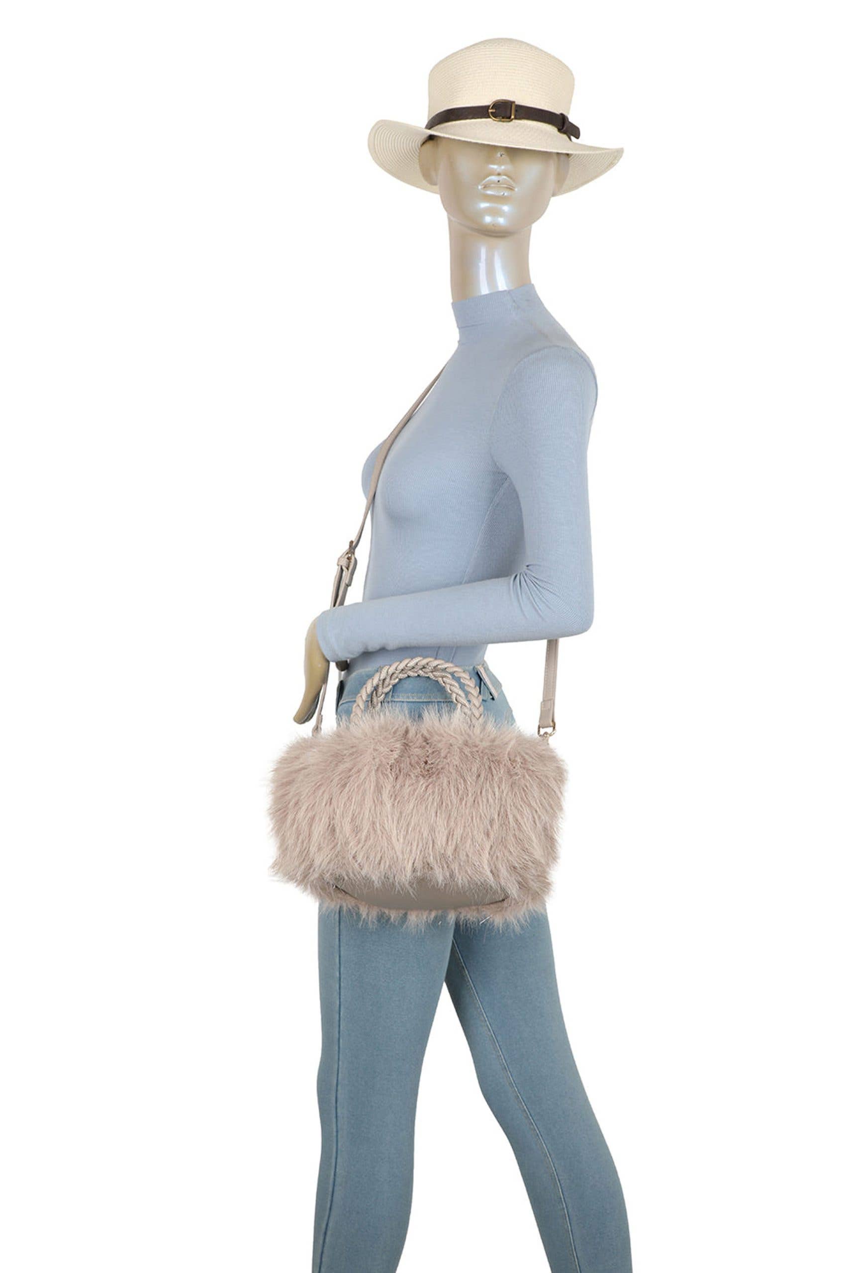 Ellas Trading – wholesale Top handle bag – women's – Elegant Faux Fur Tote Bag Braided Handles Soft Plush11