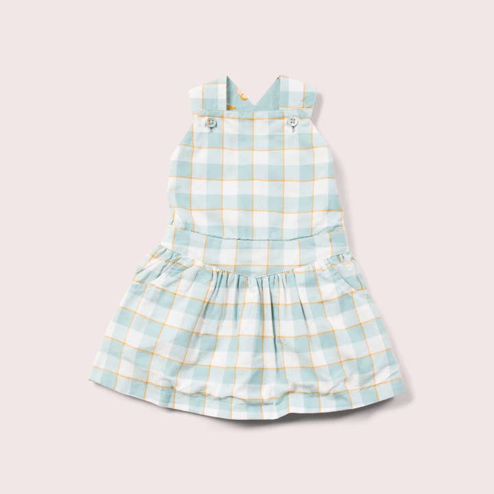 Soft Blue Checkered Pinafore Dress for wholesale by Little Green Radicals