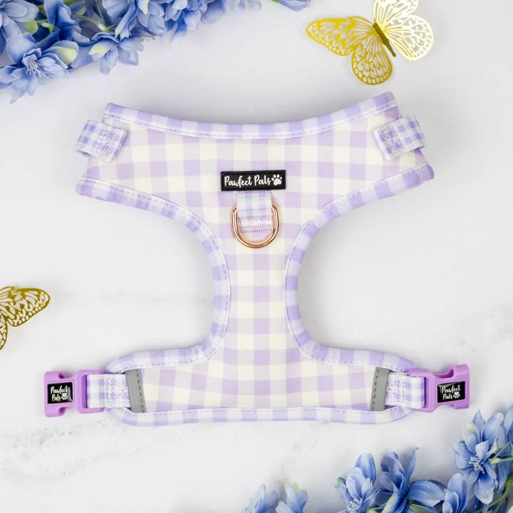 Social Butterfly - Harnais ajustable sans traction en vichy violet pour la vente par Pawfect Pals