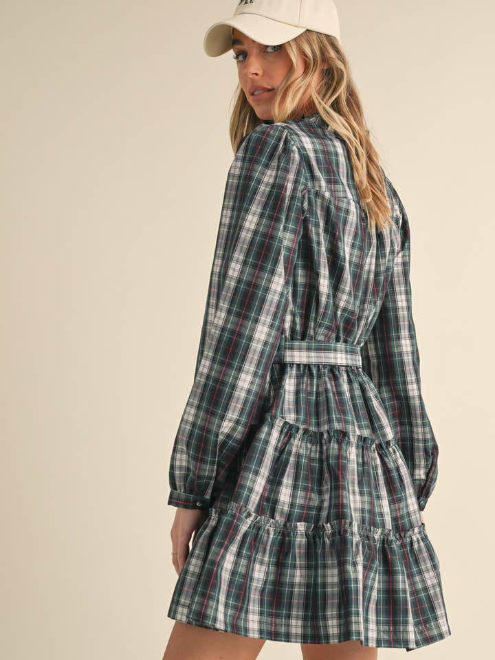 &MERCI - Wholesale Dress - Women's - PLAID MINI DRESS WITH TIERED RUFFLE TRIM MDR353812