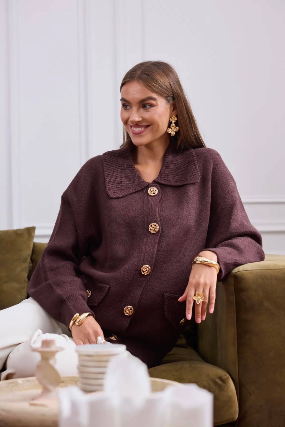 Frime - Wholesale Cardigan - Women's - Short jacket with wide collar and gold buttons