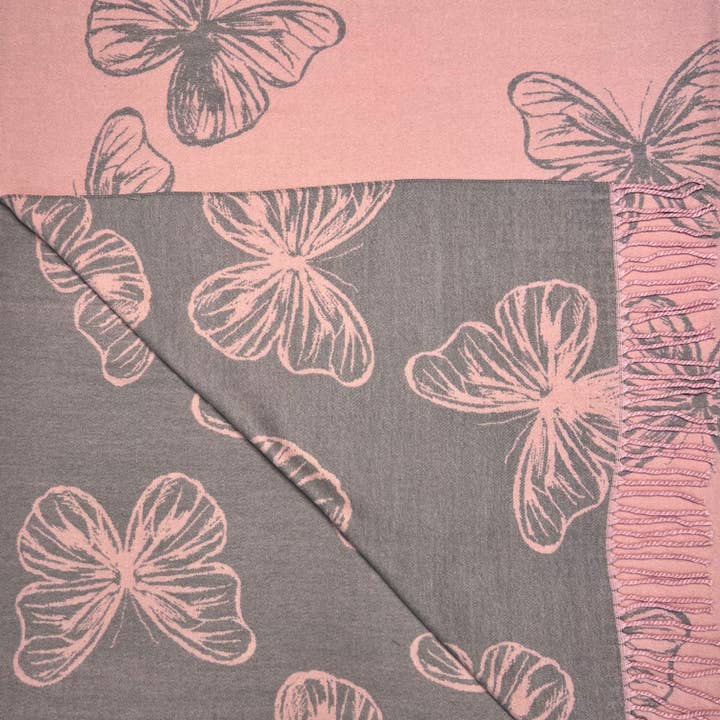 London Scarves – Engroshandel Tørklæde - Dame – Butterfly print på cashmere blend vendbart tørklæde9