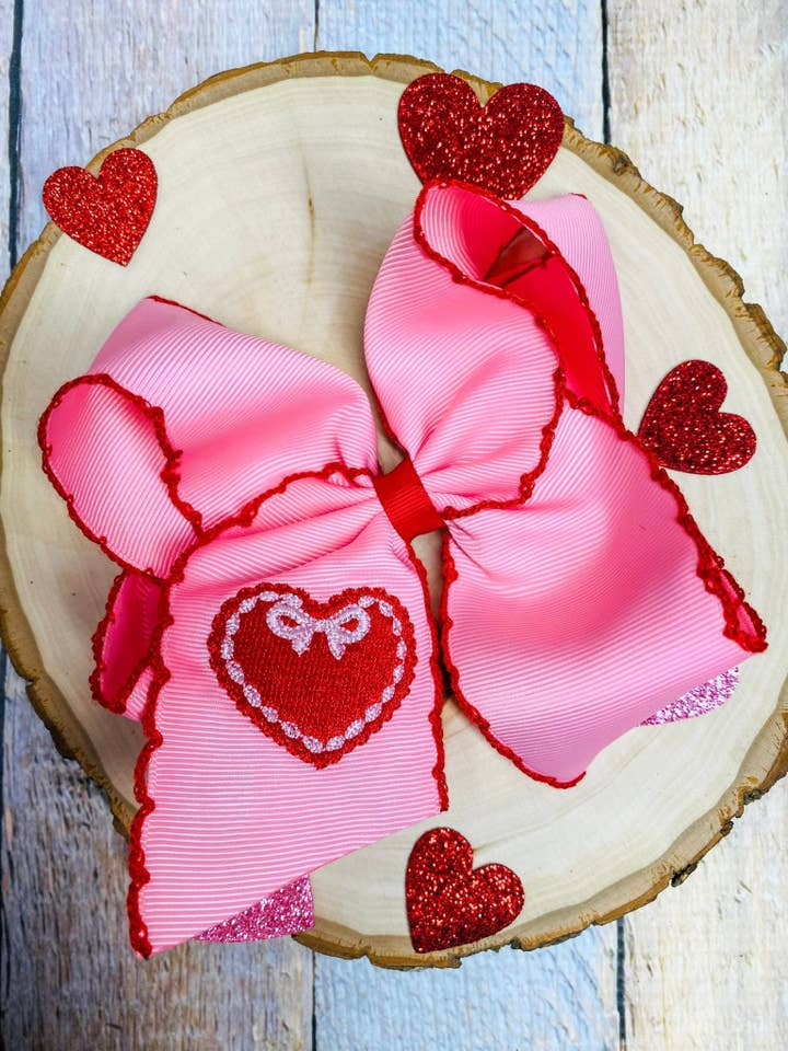 Valentine Doily Heart Embroidered Hair Bow for wholesale by The Hair Bow Company