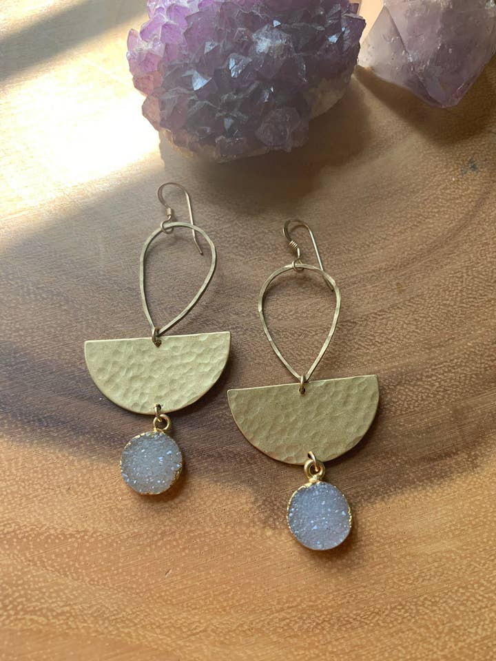 Raw Brass Druzy Statement Earrings, Boho Bridal Style for wholesale by Georgia Marie Designs