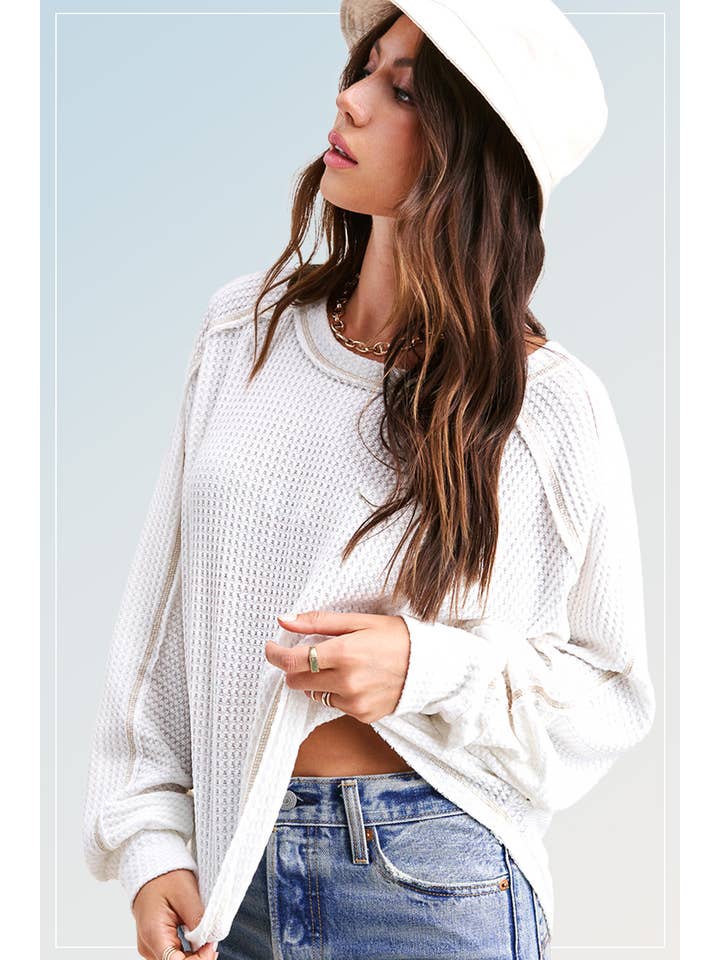 La Miel - Wholesale Knit Top - Women's - HAT7565-Brushed Waffle Fabric Loose Fit Long Sleeve Top14