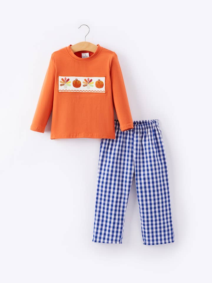 Rylee Faith Designs - Wholesale Top & Pant Set - Kids - Boys Thanksgiving Smocking Embroidered Plaid Outfit Set