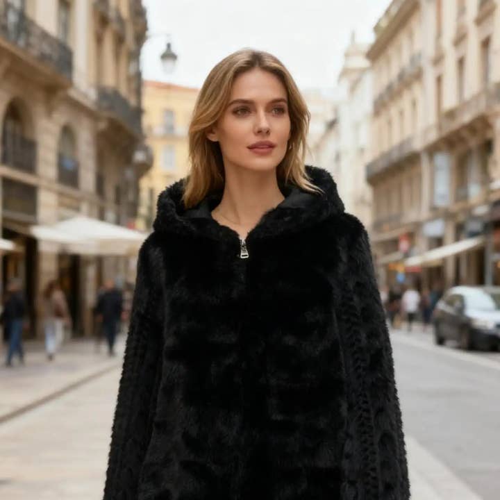 MCZJCH Taille Unique Veste à Capuche en Fausse Fourrure Noire avec Fermeture Éclair pour la vente par LOOWIE
