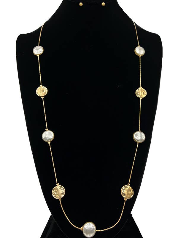 Hammered Disk Pearl Station Long Necklace Set for wholesale by Andrea Bijoux