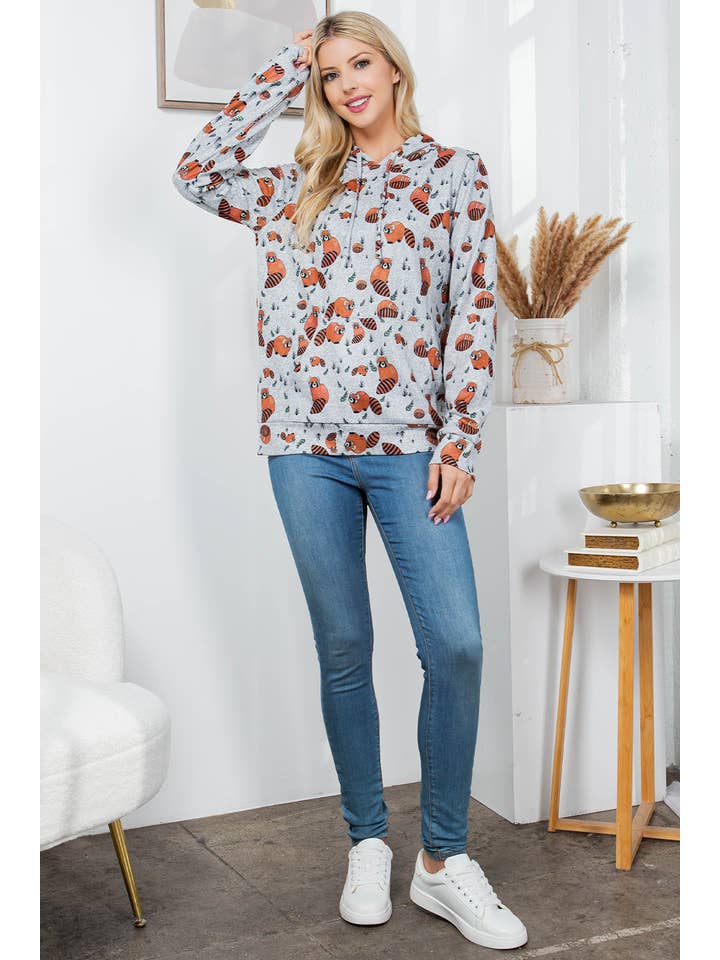 LA Soul - Wholesale Hoodie - Women's - Red Panda Print Sweater Knit Pullover Hoodie1