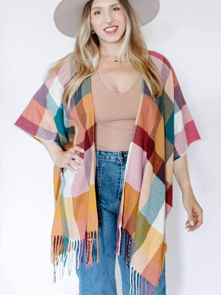 Recycled Plaid Ruana with Fringe for wholesale by Gyal Bashy