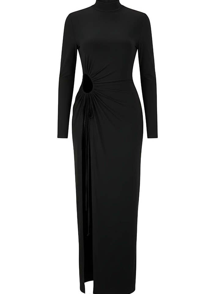 Black Ruched Cut-Out High Neck Thigh Slit Maxi Dress for wholesale by AVINCI