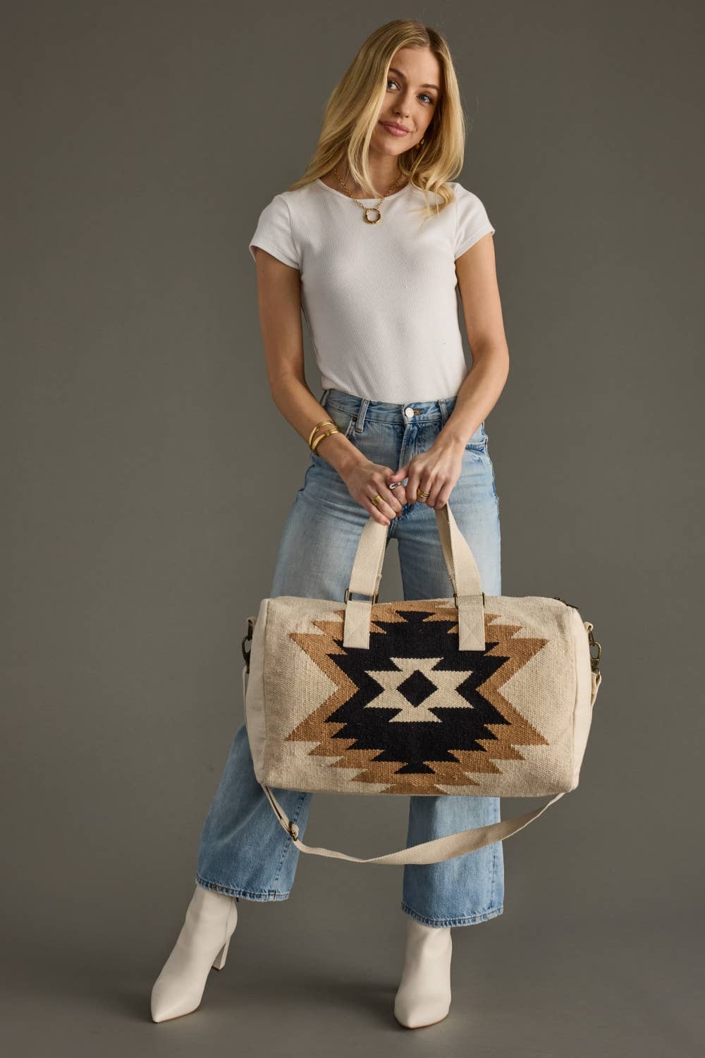 Panache Apparel Co. - Wholesale Weekender Bag - Women's - Cream, Tan & Black Aztec Duffel1