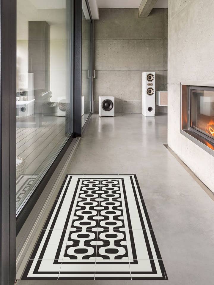 Vinylmåtte Ipanema med sort-hvidt 60'er-motiv for engroshandel hos Hidraulik