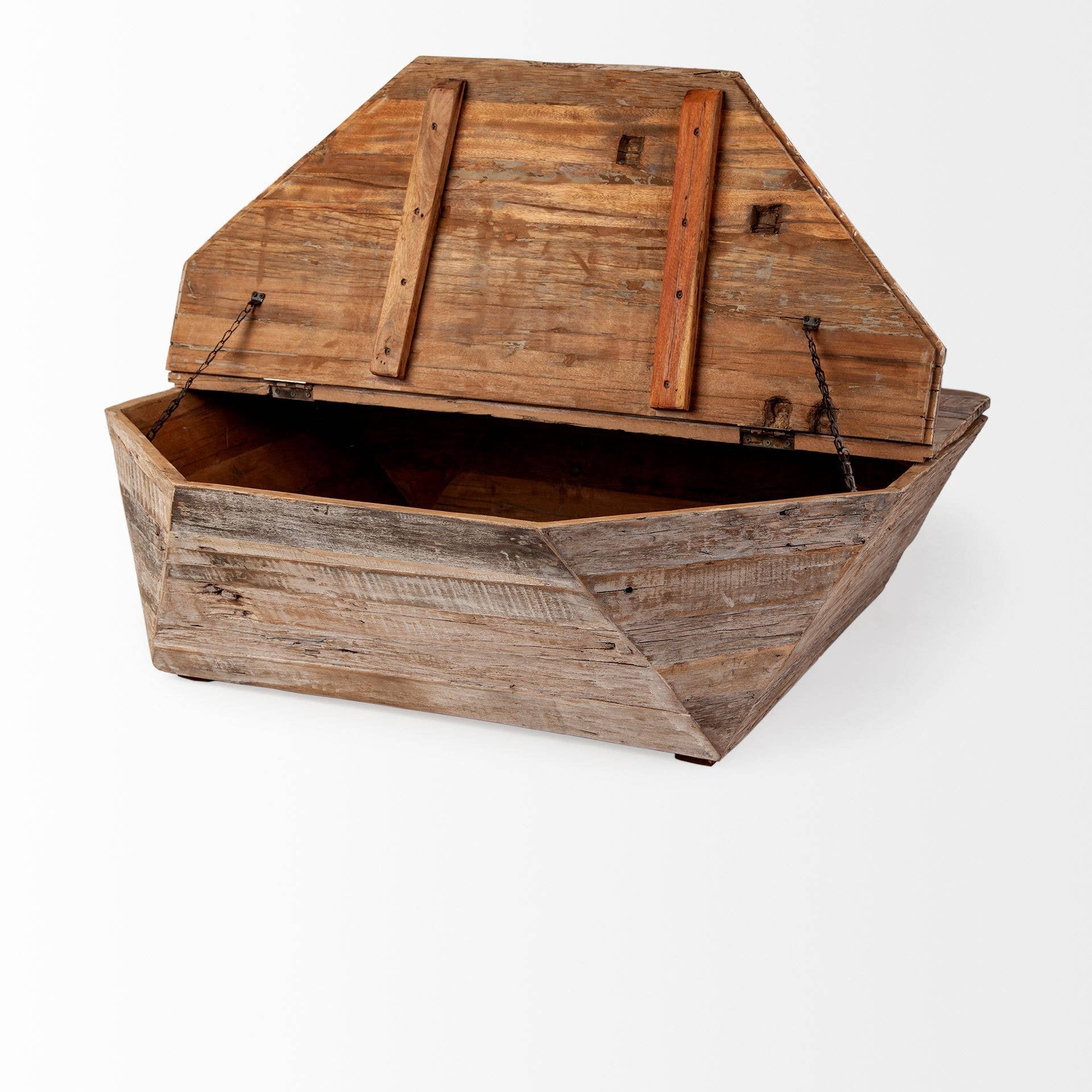 HomeRoots - Wholesale Coffee Table - 49" Natural Wood Octagon Distressed Lift Top Abstract Coffee Table4