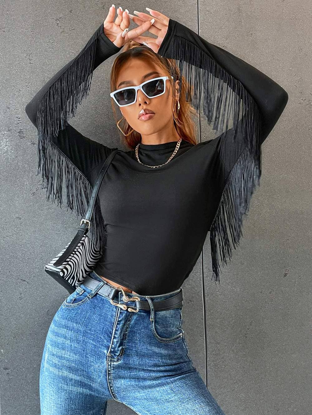 Flarix - Wholesale Blouse - Women's - fringe trim solid fitted tee1