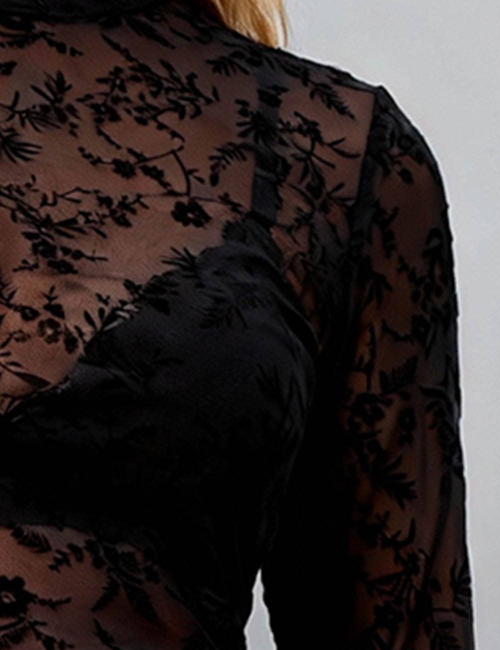 Black Ladies Floral Mesh See Sheer Layring Top SKT4948 for wholesale on Faire2