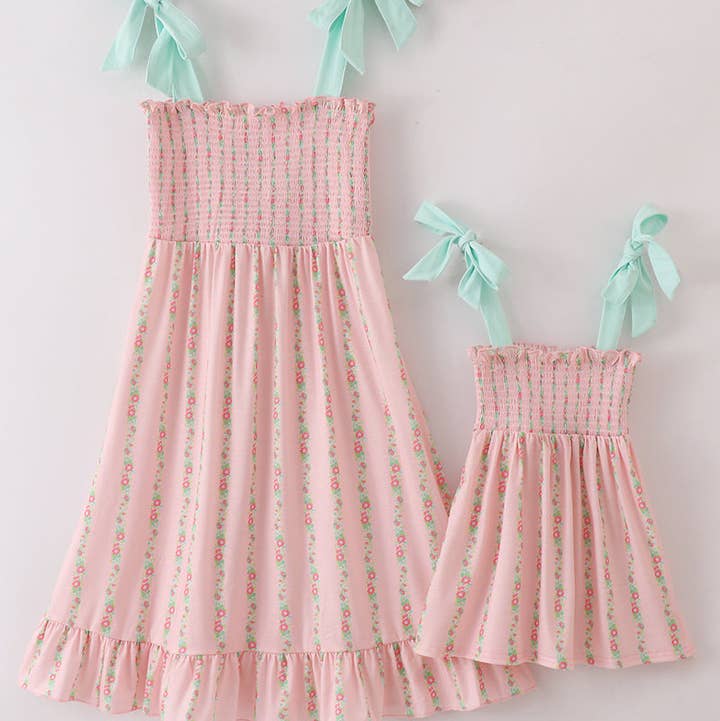 Pink floral smocked mom&me dress for wholesale by Aspen Rain Boutique