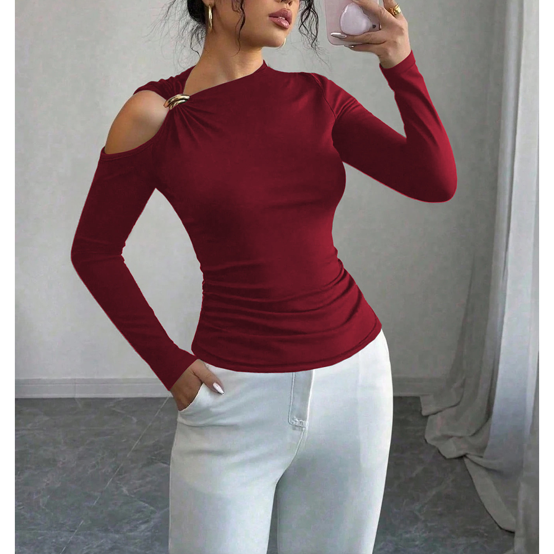 UNISHE - Wholesale Blouse - Women's - Asymmetrical Neck One-Shoulder Metal Decor Fitted Top ZK36719