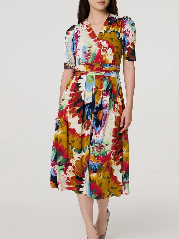 Tie-dye geplooide faux wrap midi-jurk voor wholesale door Stellalondon