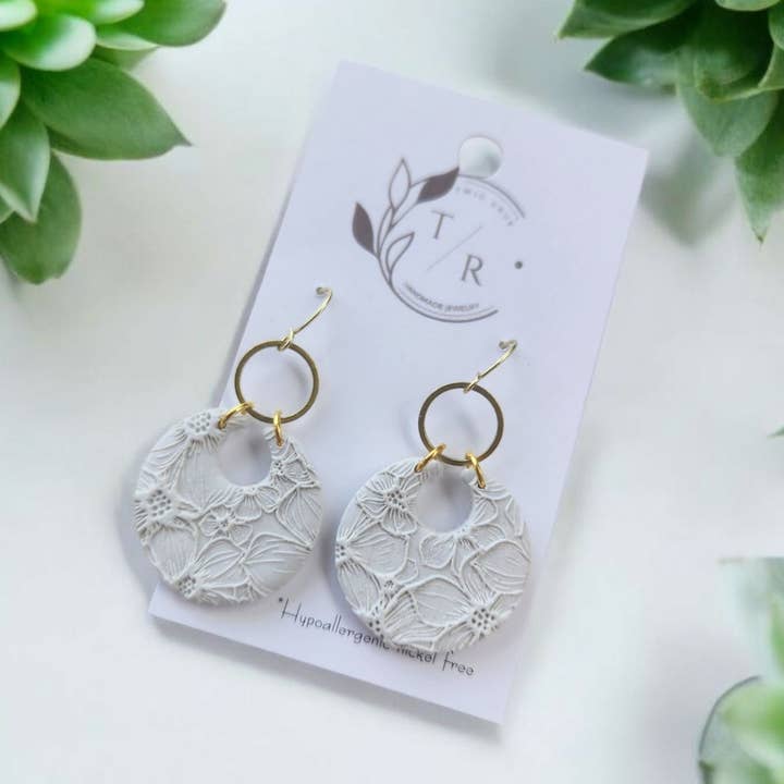 Twig & Rue boutique - Wholesale Dangle Earrings - Floral Bella| Embossed clay hoops