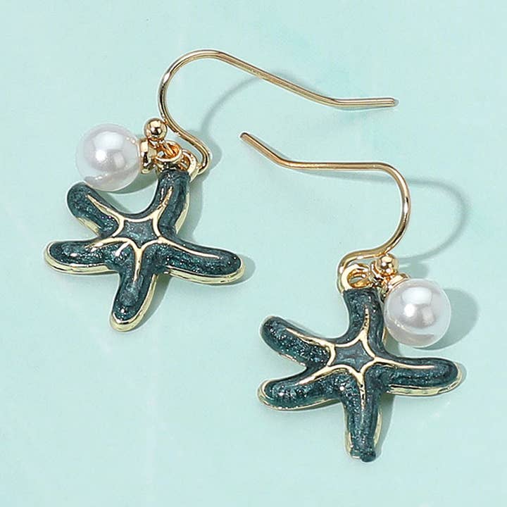 Enamel Starfish Pearl Dangle Earrings for wholesale by Sensibling Corp.