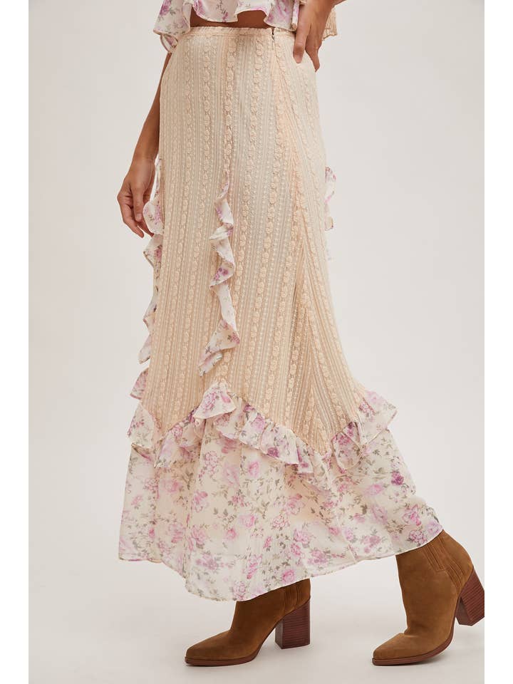 Bluivy - Wholesale Skirt - Women's - FLORAL PRINT TRIMMED MAXI LACE SKIRT WITH LINING