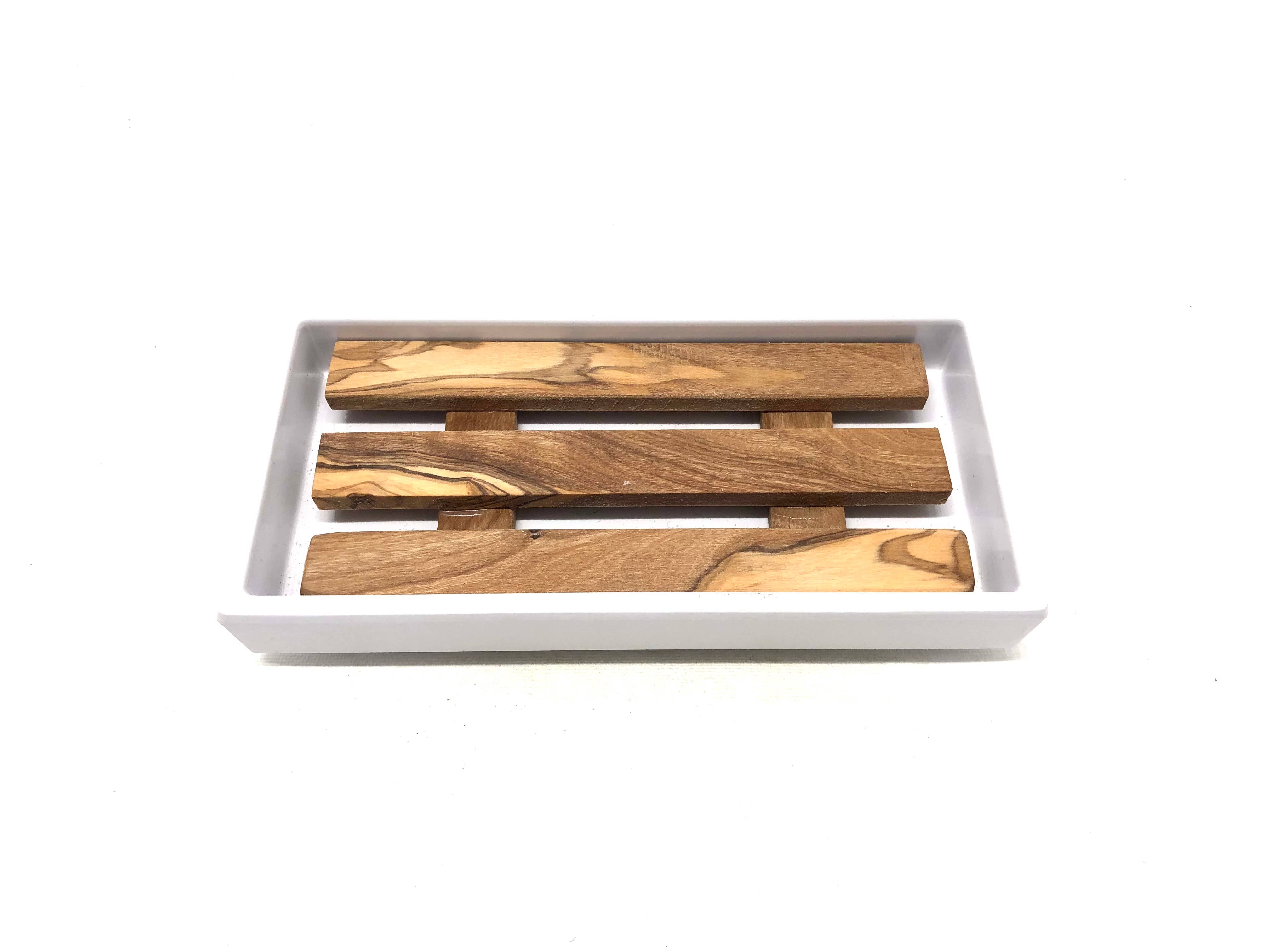 olivenholz-erleben - Wholesale Bath soap dish - White melamine soap dish with olive wood insert4