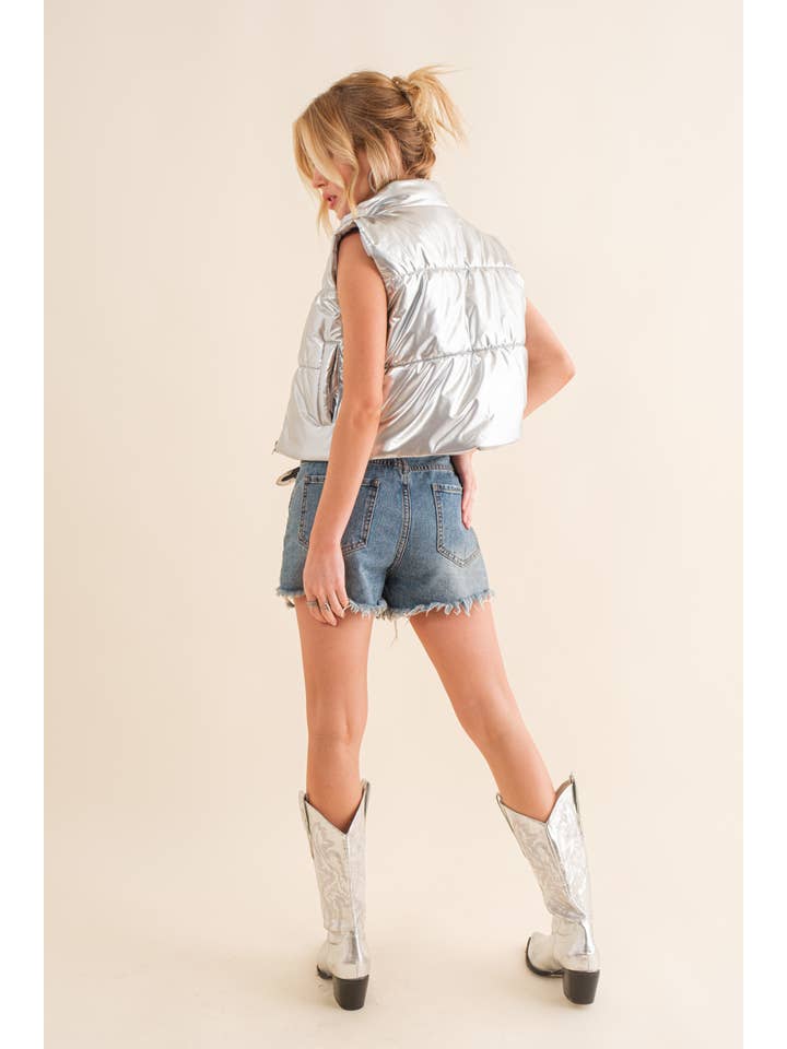 Blue B - Wholesale Outerwear Vest - Women's - 22656J - Gloss Shiny PU Quilted Puffer Zip Up Crop Vest17