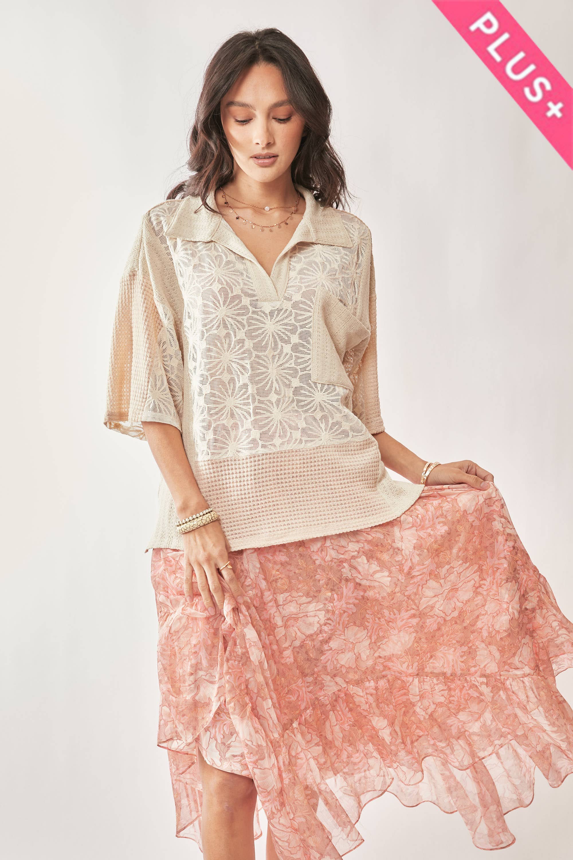 Cream Beige PLUS LACE MIXTURE COLLAR NECK SHORT SLEEVE TOP for wholesale on Faire2