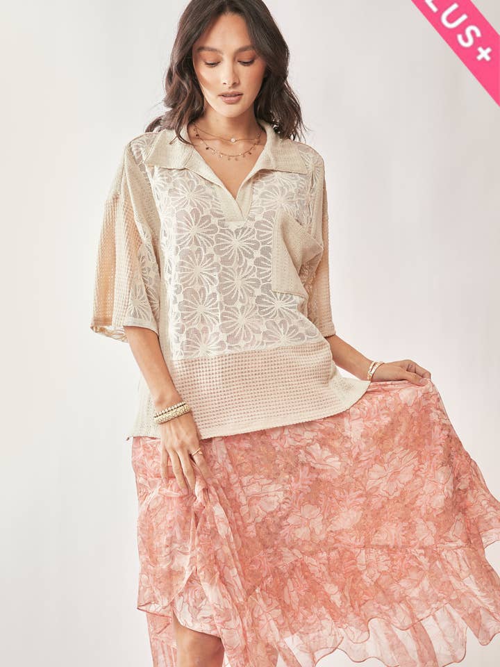 Cream Beige PLUS LACE MIXTURE COLLAR NECK SHORT SLEEVE TOP for wholesale on Faire2