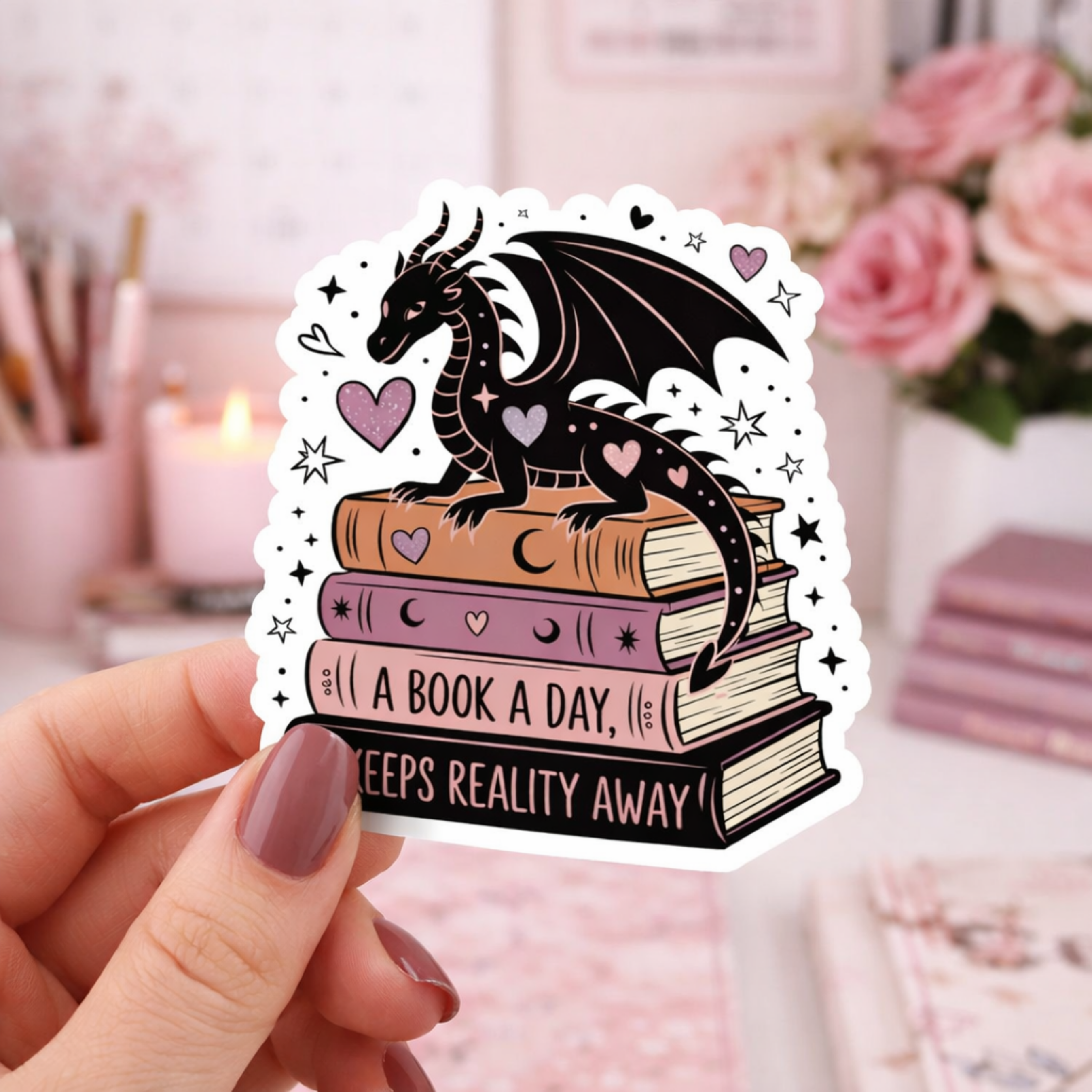 Auburn Row Design - Wholesale Sticker - A Book A Day Keeps Reality Away Dragon Romantasy Sticker0