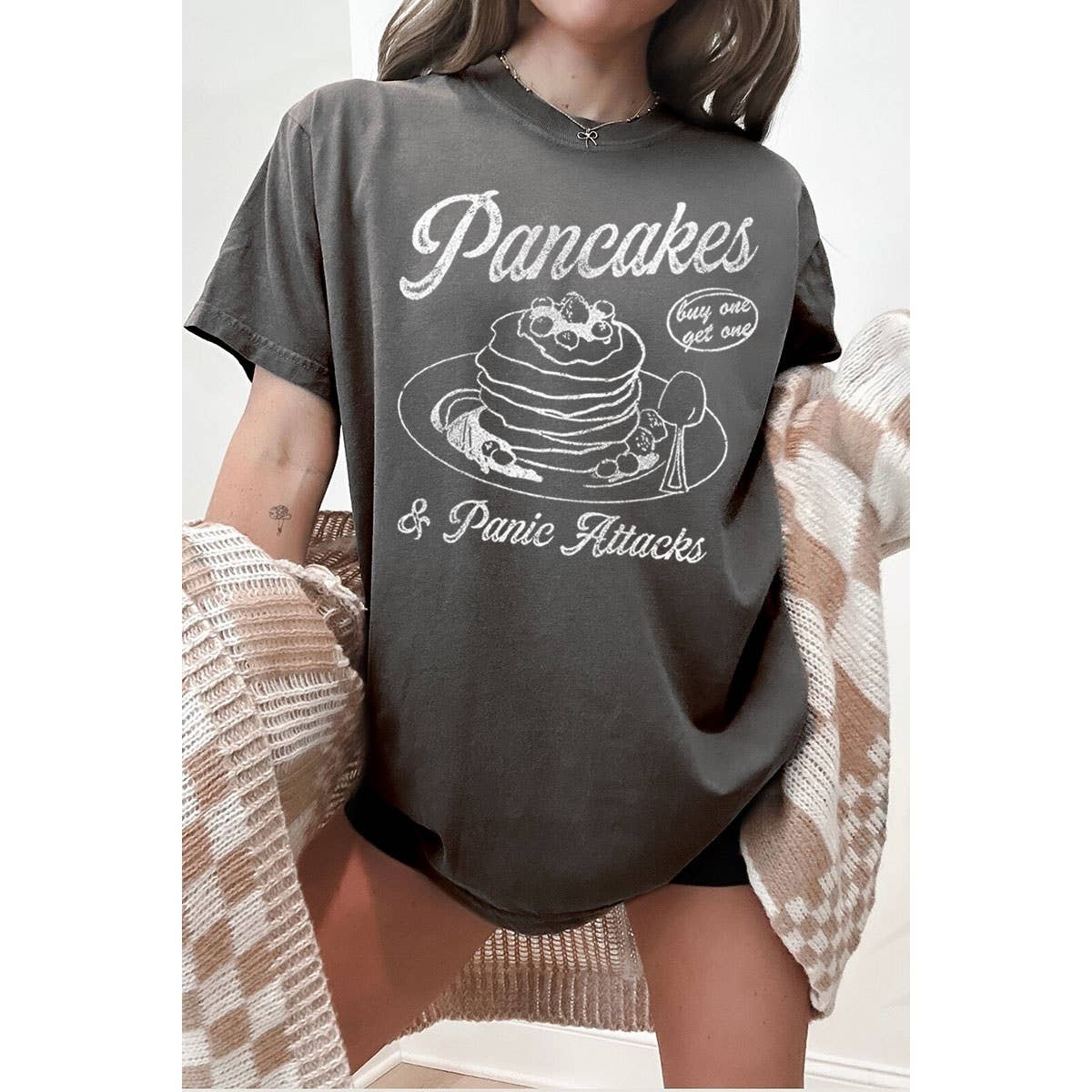HRTandLUV - Wholesale T-Shirt (Graphic) - Women's - PANCAKES AND PANIC ATTACKS WASHED GRAPHIC TEE0